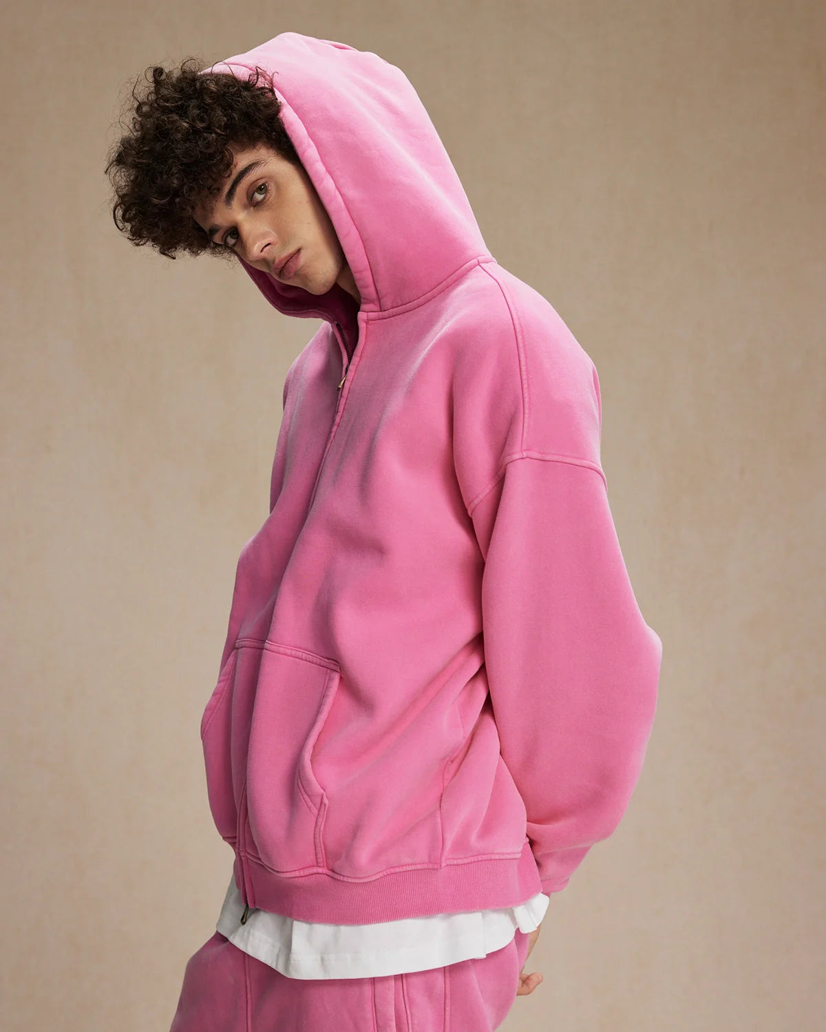 INFLATION Washed Distressed Fleece Zip Up Hoodies