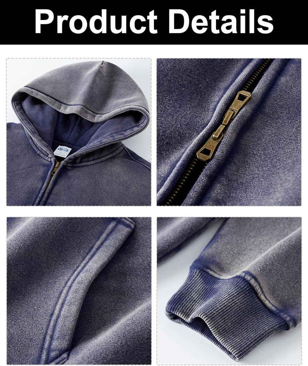 INFLATION Washed Distressed Fleece Zip Up Hoodies